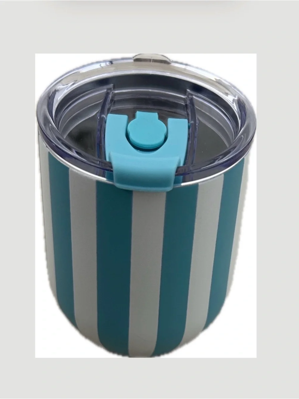 Striped Teal and White Insulated Tumbler with Spill-Resistant Lid